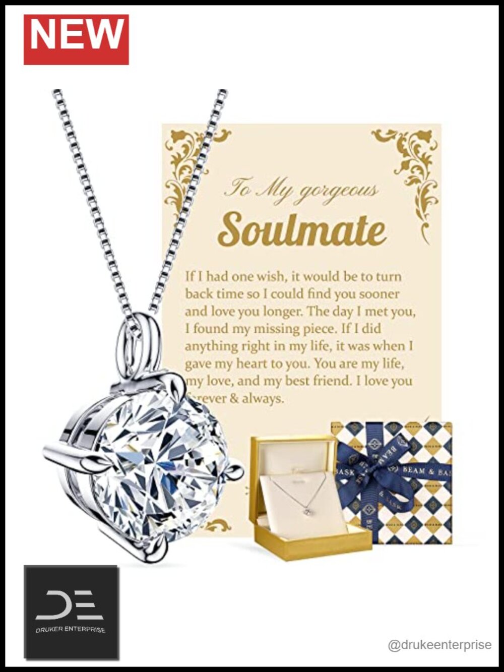 Moissanite Pendant Necklace, Sterling Silver Heart Back Gift for Wife